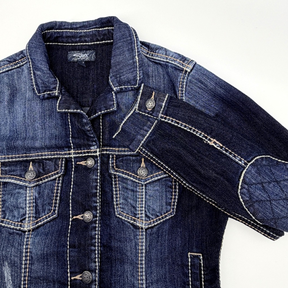 Silver Jeans Co Denim Jacket Womens M Dark Blue Exc. Distressed Elbow Patch